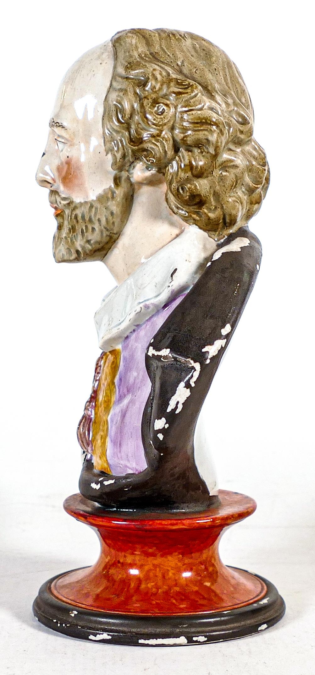 Staffordshire Pearlware bust of William Shakespeare, decorated in overglaze enamels on red patterned - Image 3 of 4