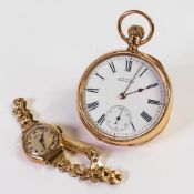Gents 15 jewel keyless Waltham pocket watch in 14k gold plated, 25 year case (winds, ticks, sets &