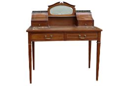 Edwardian Mahogany inlaid ladies two drawer writing table with raised back. Height 102cm, width