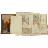 7 x 18th century survey maps together with a watercolour signed Kenny of a city street scene,