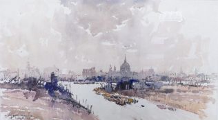 Reginald George Haggar (1905–1988), watercolor painting of London "Thames Cappuccio" signed and