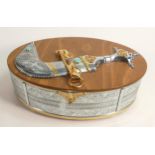 De Lamerie Fine large silverware plated oval box with wooden lid & Khanjar dagger decoration, in