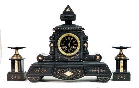 Large inlaid slate Garniture set, height of clock 42cm (a/f chip to top finial & edges of pillars)