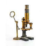 Antique Doctors type Microscope & brass desk top magnifier, height of tallest 33cm