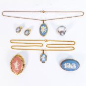 A collection of Wedgwood Jasperware jewellery, including brooches, pendants and chain, earrings etc.