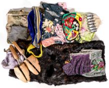 A mixed collection of items to include - early 20th century beaded purses, fur stole , smoking hats,