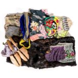 A mixed collection of items to include - early 20th century beaded purses, fur stole , smoking hats,