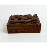 Early 20th century wood box, carved all around with dragons, 20 x 12 x 8cm.