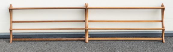 Ercol mid century light wooden plate racks, length 96cm & height 50cm (2)