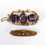 Victorian yellow metal brooch set with 3 large oval amethysts, each measuring approx 1.5cm, tested