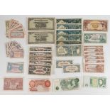 A collection of bank notes including two old £1 notes and a quantity of Japanese Government and