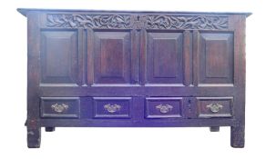 Early antique Oak 4 panel 4 drawer Mule chest, length 143cm, depth 51cm & height 83cm