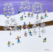 Gordon Barker (English Naïve school), 'Fun in the Snow', signed, acrylic on paper, 28.5cm x 28.5cm.