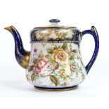 Carlton blush ware tea pot with rose floral decoration, by Wiltshaw & Robinson, c1900, height 13.5cm