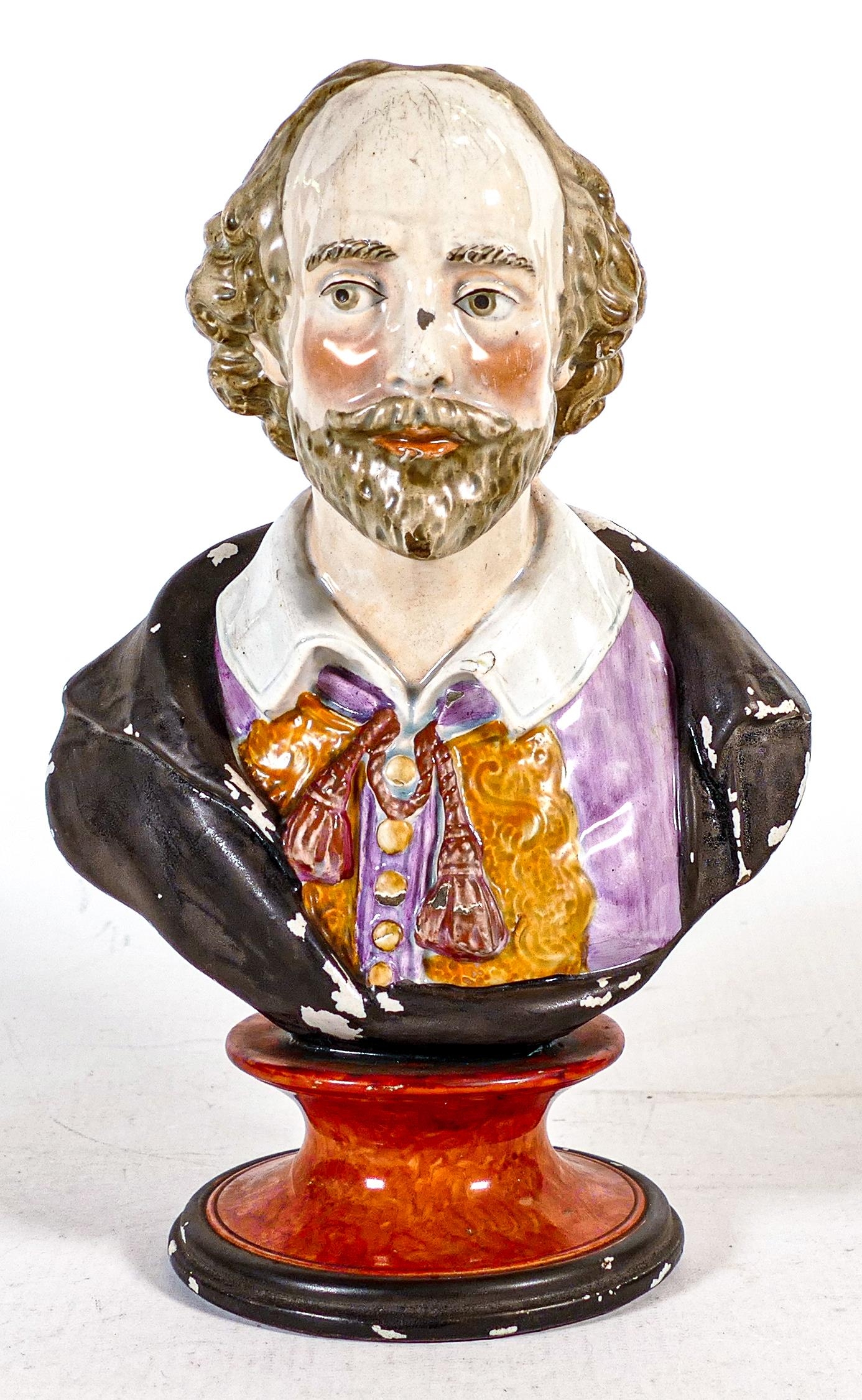 Staffordshire Pearlware bust of William Shakespeare, decorated in overglaze enamels on red patterned