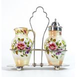 Carlton Blush ware metal metal framed condiment set with floral petunia decoration, by Wiltshaw &