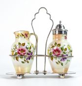 Carlton Blush ware metal metal framed condiment set with floral petunia decoration, by Wiltshaw &