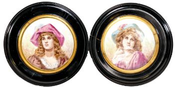 Two framed 19th century hand painted portrait plaques, diameter of frame 36cm (2)