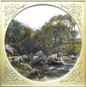 Early 20th century oil painting on board with fly fisherman on river scene, 52cm x 52cm, in gilt