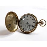 9ct gold Elgin top winder full hunter pocket watch, 86.7g. Ticking order, some small dents to case.