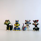 Lorna Bailey hand decorated comical cat figures - blue and yellow cat, Queenie, Inky & Growler (4)