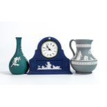 Wedgwood items to include white on grey jug, white on teal vase & royal blue Mantle clock, tallest