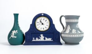 Wedgwood items to include white on grey jug, white on teal vase & royal blue Mantle clock, tallest
