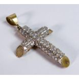 9ct gold hallmarked large cross set white stones, 65mm high inc. suspension. Gross weight 13.5g.