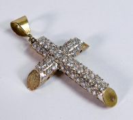 9ct gold hallmarked large cross set white stones, 65mm high inc. suspension. Gross weight 13.5g.
