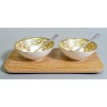 De Lamerie Empress pattern dip bowl gift set in impressive leather box, silver colour spoons