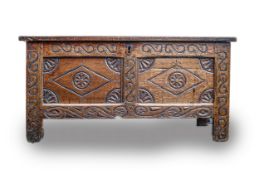 Early 19th century Oak 2 panel coffer with carved decoration, length 120cm, width 50cm & height 60cm