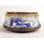 Carlton Blush ware metal mounted fruit bowl with blue & white church scene decoration, by Wiltshaw &