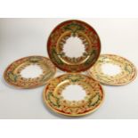 De Lamerie Fine Bone China deep red & mottled green Majestic dinner plates, specially made high