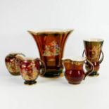A collection of Crwon Devon rouge royalle to include Mikado flared vase, bird of paradies twin