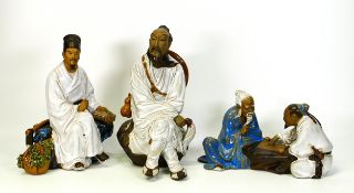 Three Chinese Mud Man Figures including Seated Figure(a/f), Seated Priest & Game Player, tallest