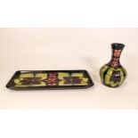 Moorcroft Violets rectangle pen tray together with matching small vase. Height of vase 10cm, both