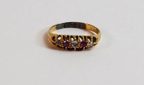 18ct gold ring set with diamond & rubies,size J, 2.1g.