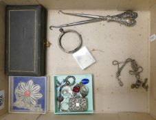 A collection of Silver and white metal items including Victorian ladies fob chain, earrings,