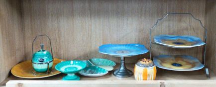 A collection of Shelley Harmony Drip Glazed items to include two tier cake stand, comport,