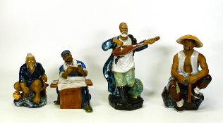 Four Chinese Mud Man Figures including Musician, Fishermen, etc , tallest 22cm (4)