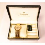 9ct gold gentleman's Sovereign wristwatch with gold plated expandable strap, boxed. (not working)