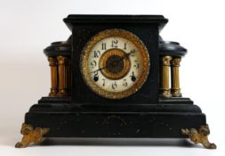 Late Victorian Ebonised mantle clock by E. Ingraham Co. Bristol Conn. USA with decorative gilt doric