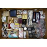 A collection of vintage costume jewellery, coins, watches, playing cards etc