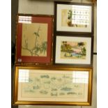 Japanese print on silk measuring 39cm x 29cm, together with 2 smaller similar items & Thames river