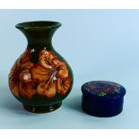 Moorcorft Hibiscus On Green Ground Vase together with Anemone pattern small box, height of tallest