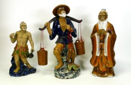 Three Large Chinese Mud Man Figures including Fisherman, Immortal & Warrior, tallest 34cm(3)