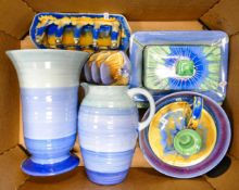 A collection of Blue Shelley Pottery Harmony Ware to include Vase, Jug, Butter Dish, Toast Rack,