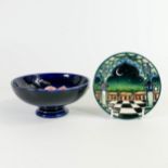 A Moorcroft Jumeirah pattern pin dish , dated 1999 together with Clematis footed bowl on blue ground