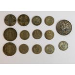 A collection of Silver pre 1947 coins including 1892 Crown etc, 125.9g.