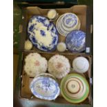A mixed collection of blue and white ceramic items to inlclude flo blue platter, soup bowl, two